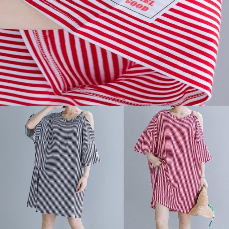 Loose red striped Cotton tunic top o neck side open shift Dresses - SooLinen