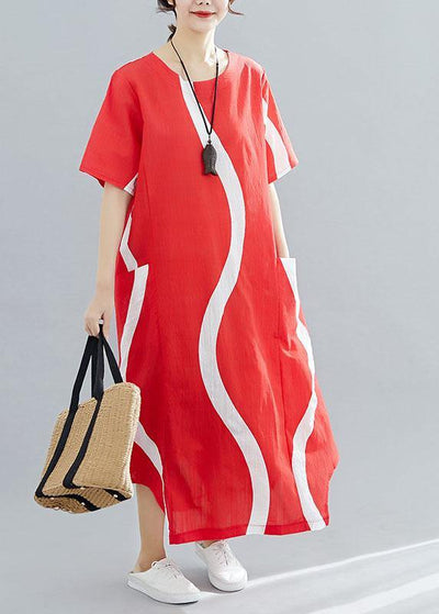 Loose red striped cotton Tunics o neck asymmetric Traveling summer Dress - SooLinen