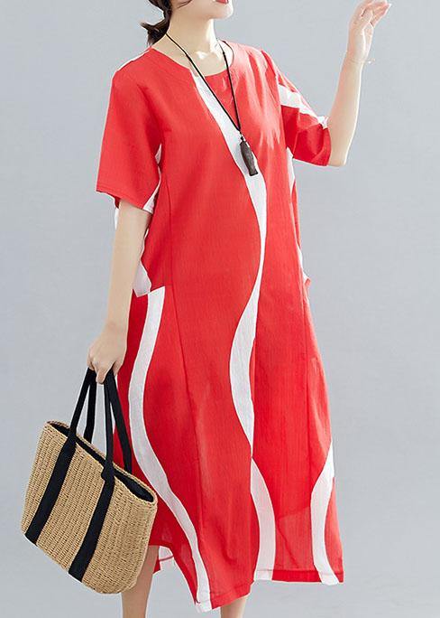 Loose red striped cotton Tunics o neck asymmetric Traveling summer Dress - SooLinen