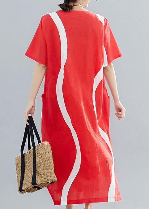 Loose red striped cotton Tunics o neck asymmetric Traveling summer Dress - SooLinen