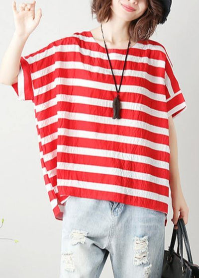 Loose red striped cotton clothes For Women o neck Batwing Sleeve silhouette blouses - SooLinen