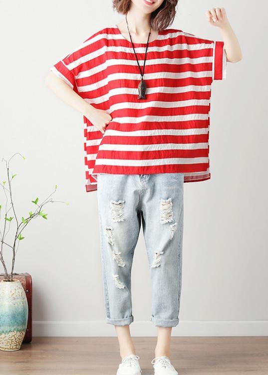 Loose red striped cotton clothes For Women o neck Batwing Sleeve silhouette blouses - SooLinen