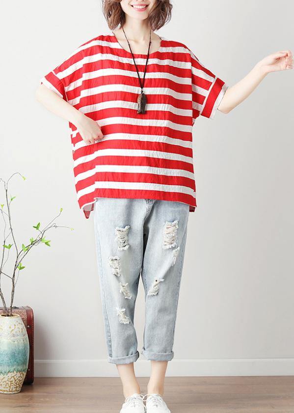 Loose red striped cotton clothes For Women o neck Batwing Sleeve silhouette blouses - SooLinen