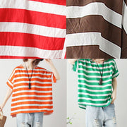 Loose red striped cotton clothes For Women o neck Batwing Sleeve silhouette blouses - SooLinen