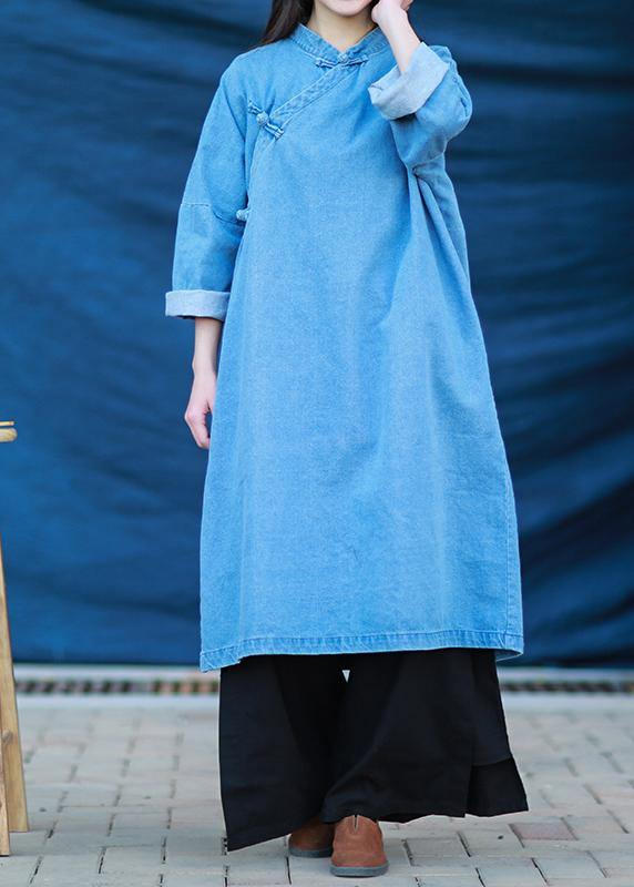 Loose stand collar Tunic Photography denim light blue Dress - SooLinen