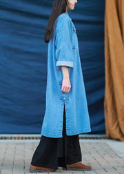 Loose stand collar Tunic Photography denim light blue Dress - SooLinen