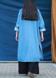 Loose stand collar Tunic Photography denim light blue Dress - SooLinen