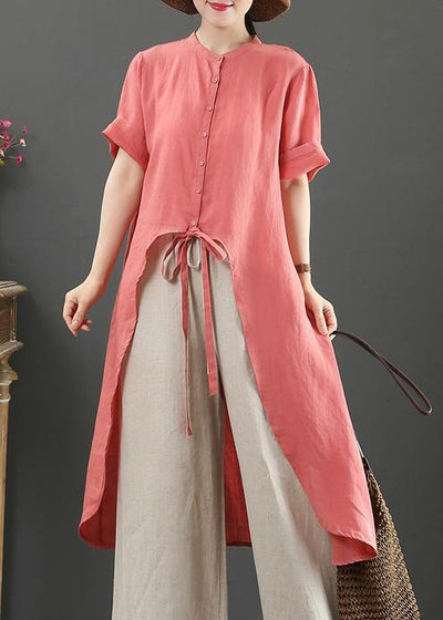 Loose stand collar asymmetric linen shirts Tutorials red tops - SooLinen