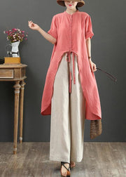 Loose stand collar asymmetric linen shirts Tutorials red tops - SooLinen