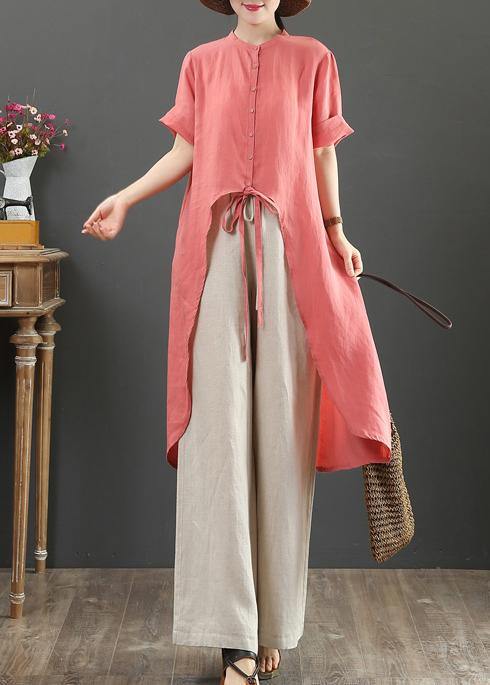 Loose stand collar asymmetric linen shirts Tutorials red tops - SooLinen