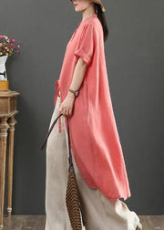 Loose stand collar asymmetric linen shirts Tutorials red tops - SooLinen