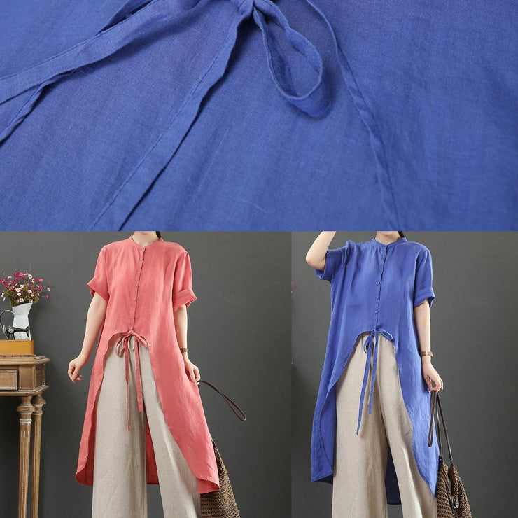 Loose stand collar asymmetric linen shirts Tutorials red tops - SooLinen