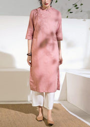 Loose stand collar linen side open dress Inspiration pink Dress - SooLinen