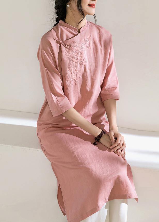 Loose stand collar linen side open dress Inspiration pink Dress - SooLinen