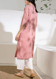 Loose stand collar linen side open dress Inspiration pink Dress - SooLinen