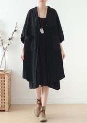 Loose v neck patchwork linen clothes Photography black Dress fall - SooLinen