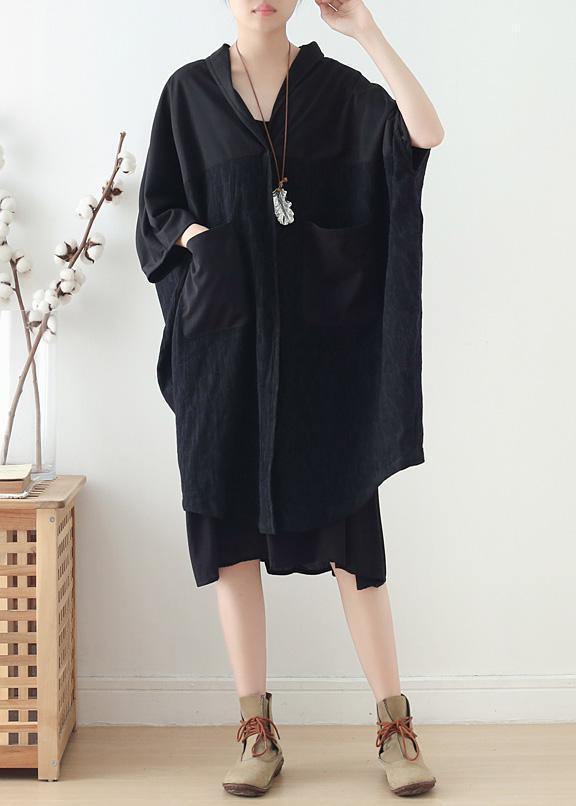 Loose v neck patchwork linen clothes Photography black Dress fall - SooLinen