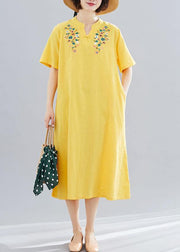 Loose yellow embroidery cotton clothes For Women v neck Dresses summer Dresses - SooLinen