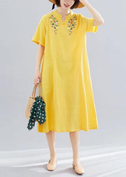 Loose yellow embroidery cotton clothes For Women v neck Dresses summer Dresses - SooLinen