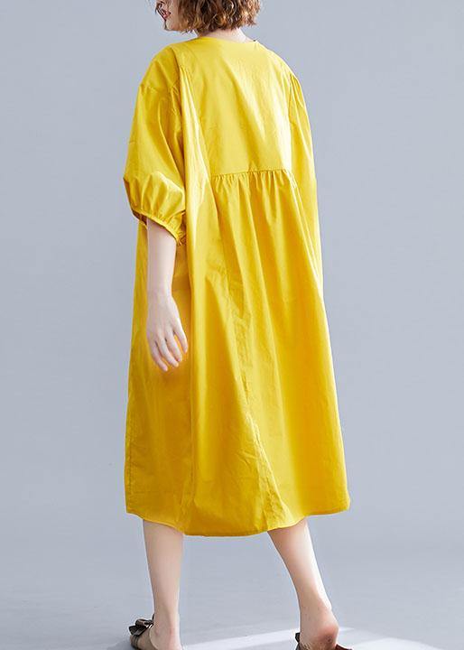 Loose yellow o neck cotton Tunics Cinched Maxi summer Dresses - SooLinen