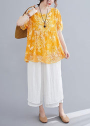 Loose yellow small floral cotton and linen top + wide leg pants casual two pieces - SooLinen