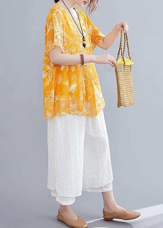 Loose yellow small floral cotton and linen top + wide leg pants casual two pieces - SooLinen