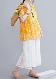 Loose yellow small floral cotton and linen top + wide leg pants casual two pieces - SooLinen