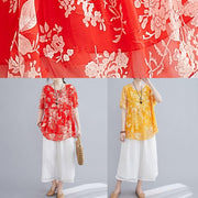 Loose yellow small floral cotton and linen top + wide leg pants casual two pieces - SooLinen