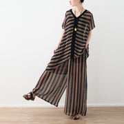 Loose yellow striped 2024 Ideas wide leg pants pockets long Summer pants