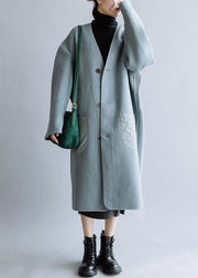 Luxury  oversize Coats winter  women coats blue v neck Button Down Woolen Coat - SooLinen