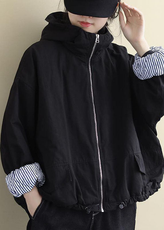 Luxury Black Hooded Zippered Winter Cotton Long sleeve Coat