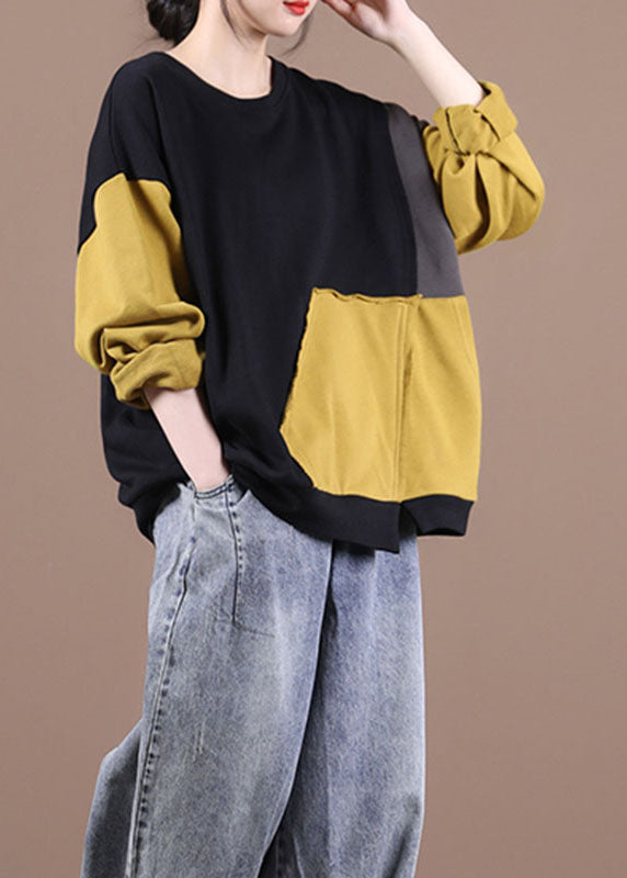 Luxury Black Patchwork Yellow Loose Fall Sweatshirt Street Wear