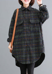 Luxury Blue Green Plaid Pockets Button Fall Thick Long sleeve Coat