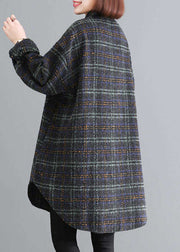 Luxury Blue Green Plaid Pockets Button Fall Thick Long sleeve Coat