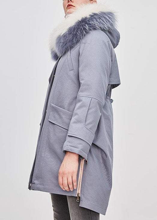 Luxury Blue Grey hooded Fur collar drawstring Winter Duck Down Winter Coats