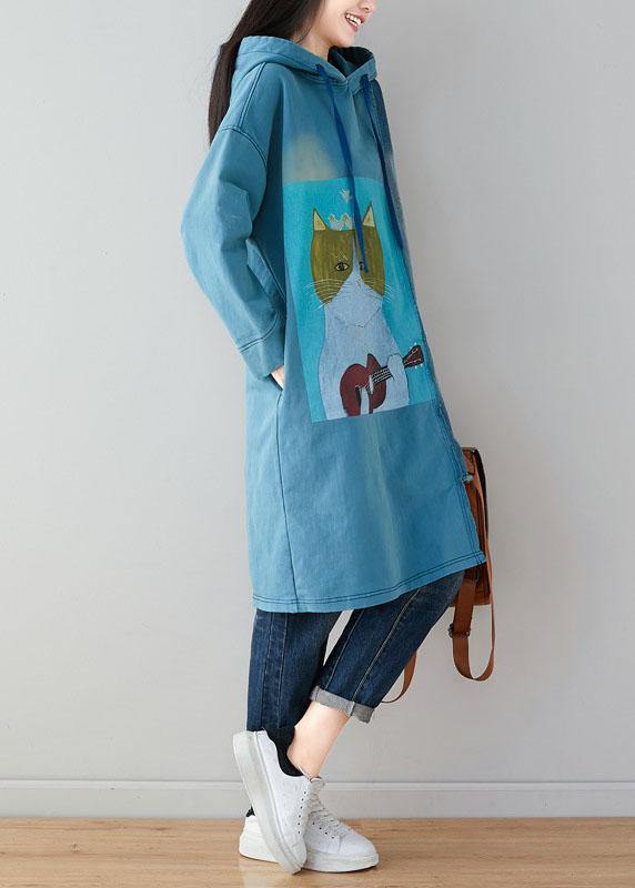 Luxury Blue Hooded Pockets Patchwork Asymmetrical Design Print Fall Pullover Sweatshirt - SooLinen