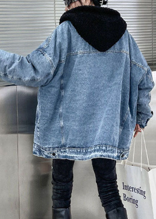 Luxury Denim Blue Pockets Patchwork Thick Winter Jacket