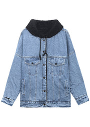 Luxury Denim Blue Pockets Patchwork Thick Winter Jacket