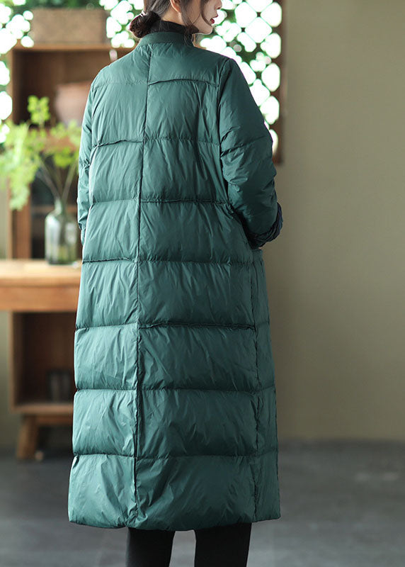 Luxury Green Stand Collar Button Pockets Patchwork Winter Down Coat