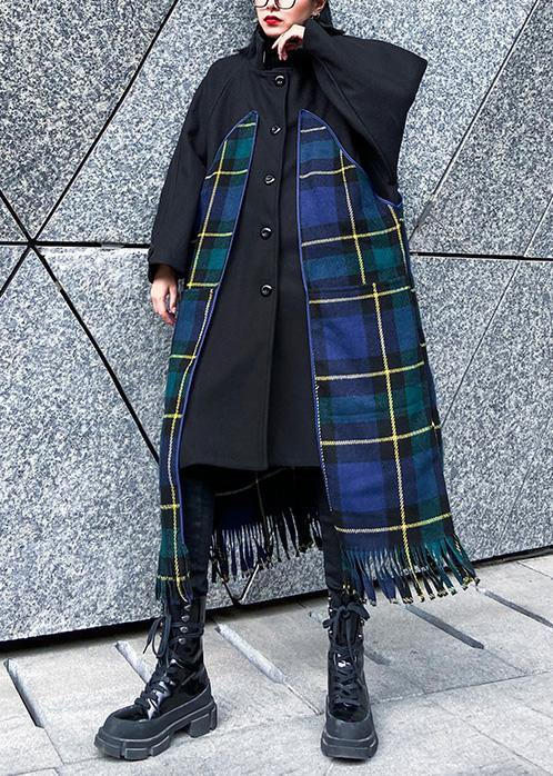 Luxury Loose fitting Jackets & Coats patchwork coat blue plaid tassel woolen outwear - SooLinen