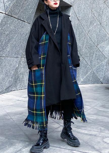 Luxury Loose fitting Jackets & Coats patchwork coat blue plaid tassel woolen outwear - SooLinen