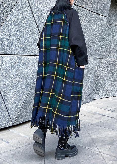 Luxury Loose fitting Jackets & Coats patchwork coat blue plaid tassel woolen outwear - SooLinen