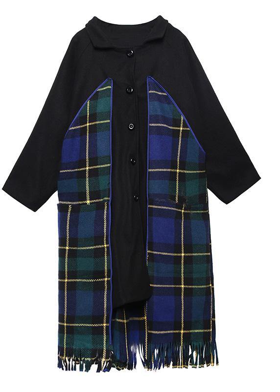 Luxury Loose fitting Jackets & Coats patchwork coat blue plaid tassel woolen outwear - SooLinen