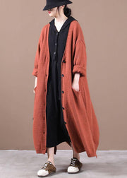 Luxury Orange Red Pockets Fall Long Knit Coat - SooLinen