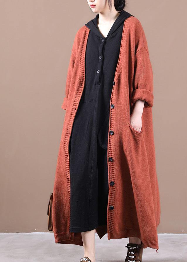 Luxury Orange Red Pockets Fall Long Knit Coat - SooLinen