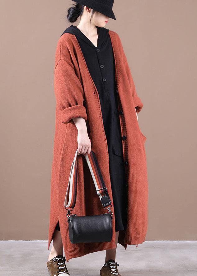 Luxury Orange Red Pockets Fall Long Knit Coat - SooLinen