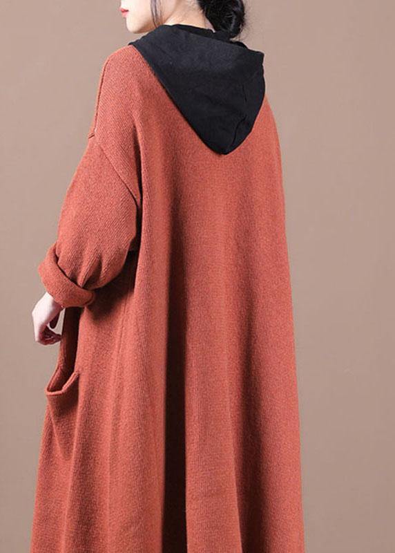 Luxury Orange Red Pockets Fall Long Knit Coat - SooLinen