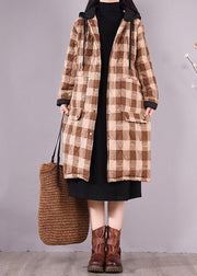 Luxury Oversize Outwear Chocolate Plaid Hooded Pockets Casual Outfit - SooLinen