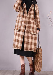 Luxury Oversize Outwear Chocolate Plaid Hooded Pockets Casual Outfit - SooLinen