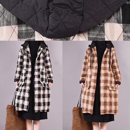 Luxury Oversize Outwear Chocolate Plaid Hooded Pockets Casual Outfit - SooLinen